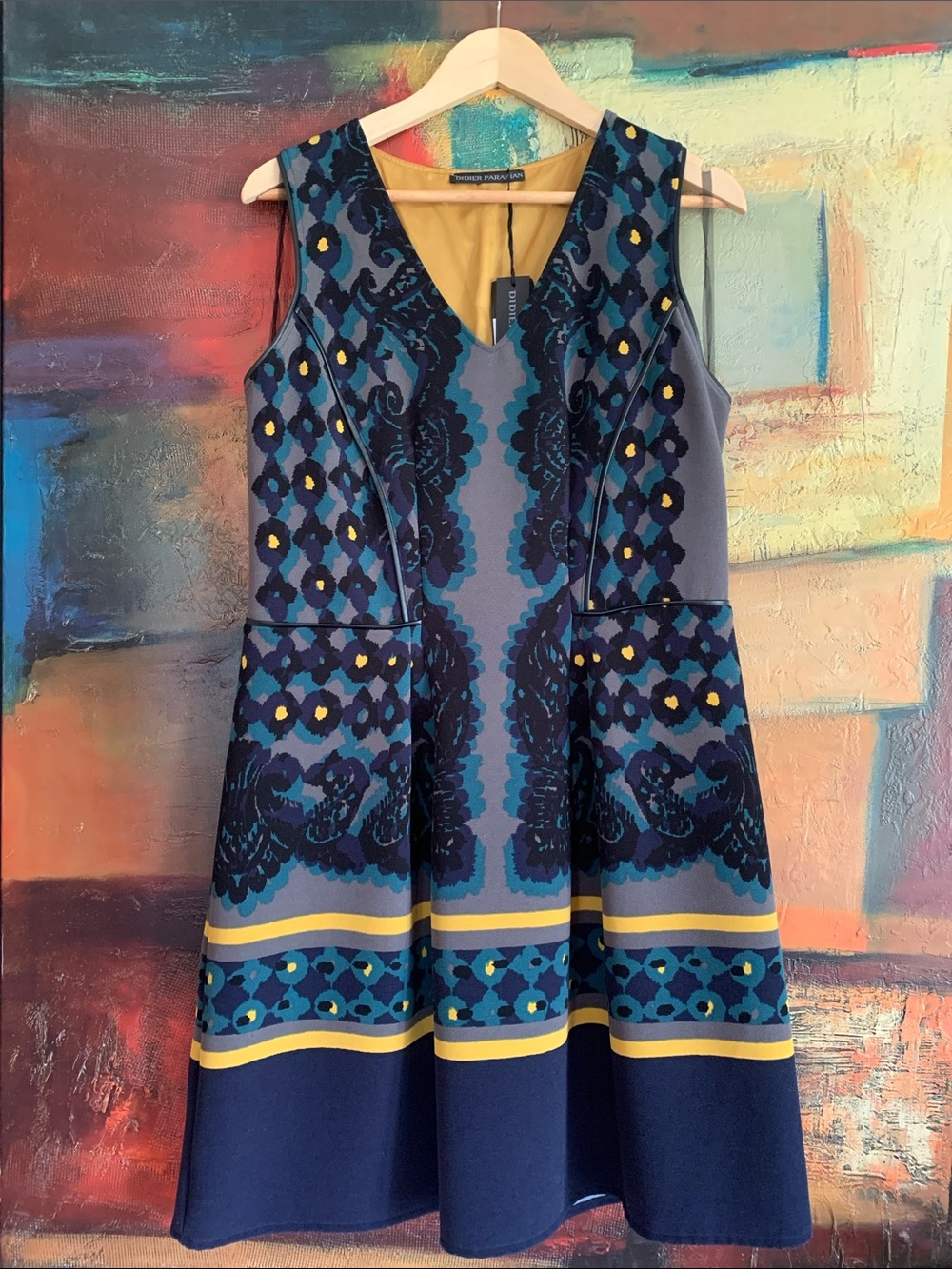NWT Didier Parakian Italian Luxury Print V-Neck Dress, Size 46